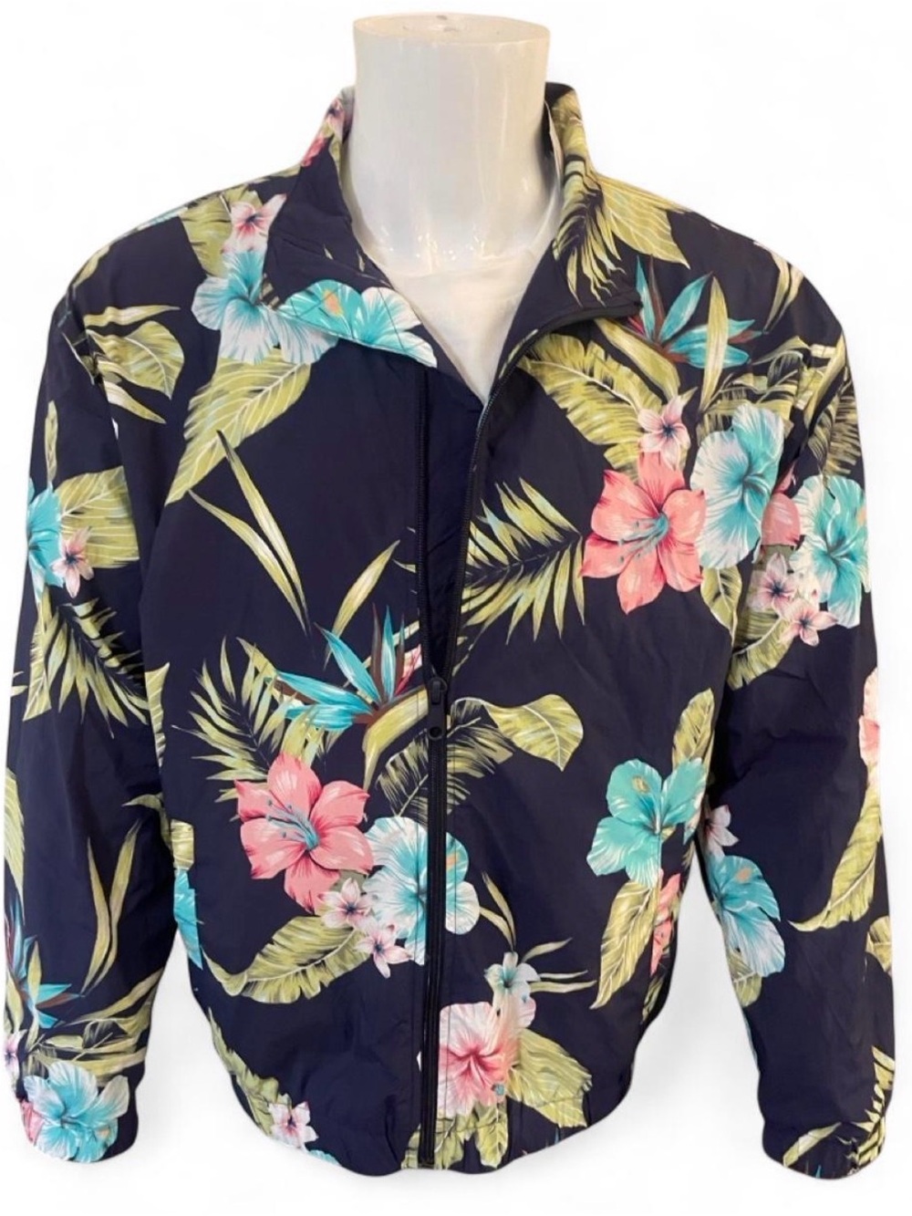 Club Room Navy Floral Windbreaker with Pink & Teal Blooms